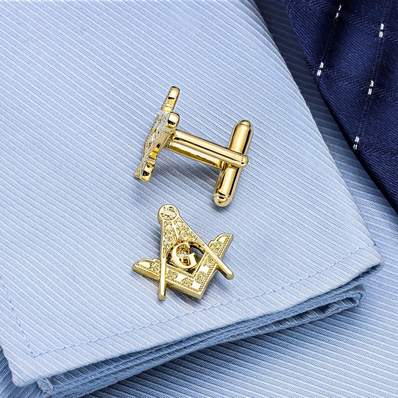 AMITER Masonic Tie Clip and Cufflinks Set, 18K Gold Mens Necktie Bar Cuff Links Personalized Gift for Freemason Husband Father Boyfriend - Image 3